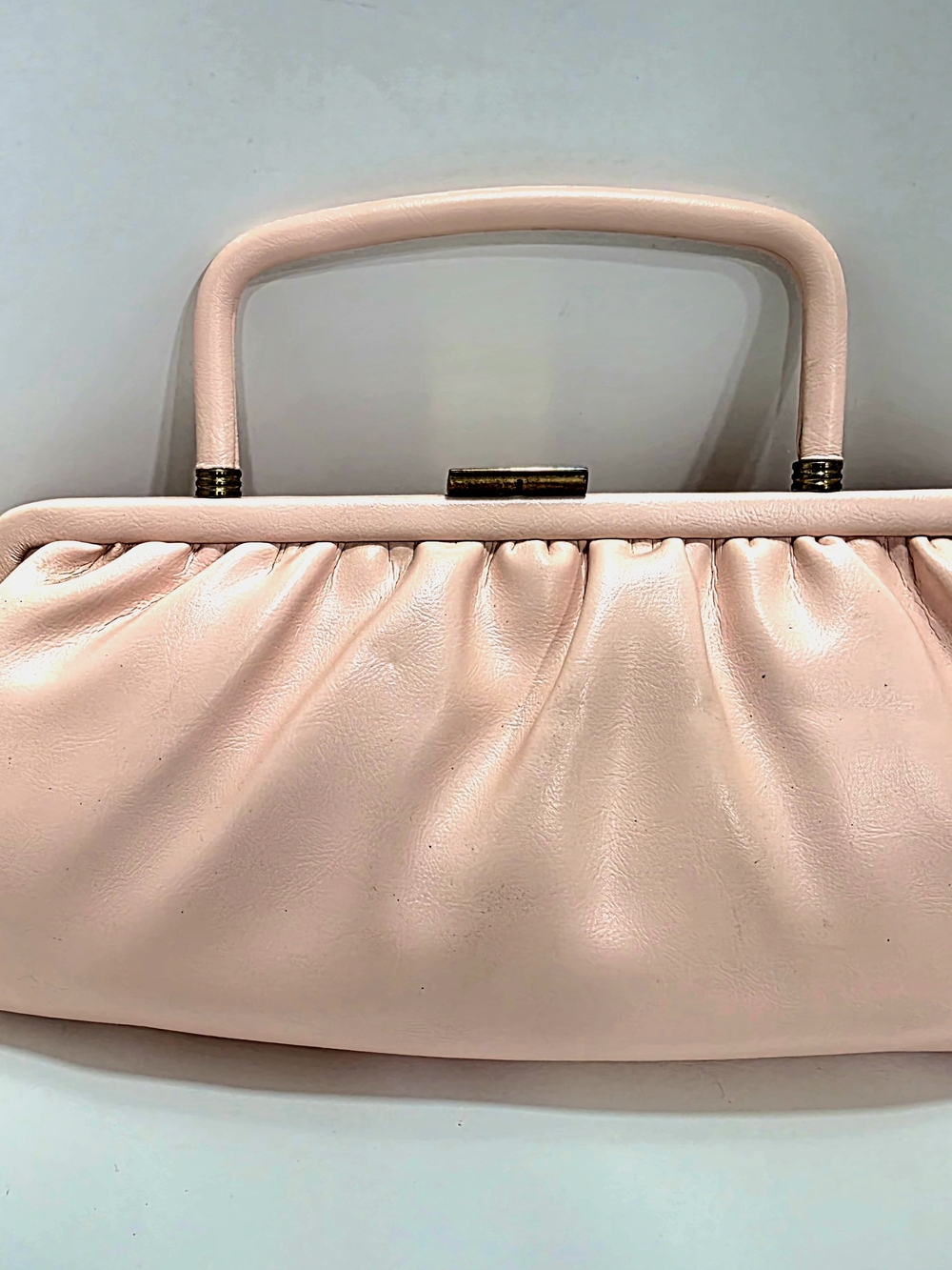 Vintage Blush Pink Ruched Leather Clutch with Top Handle